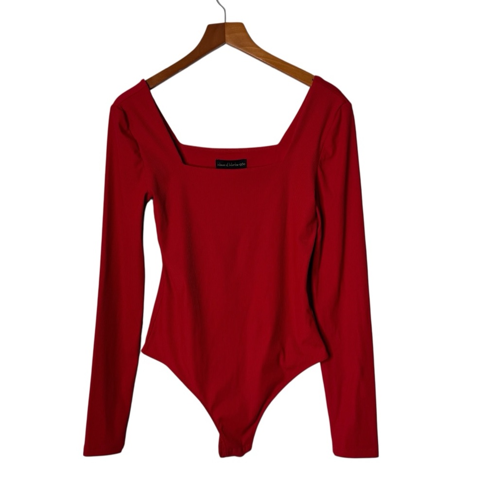 House‎ of Harlow 1960 Red Ribbed Square Neck Long Sleeve Bodysuit Women’s Small